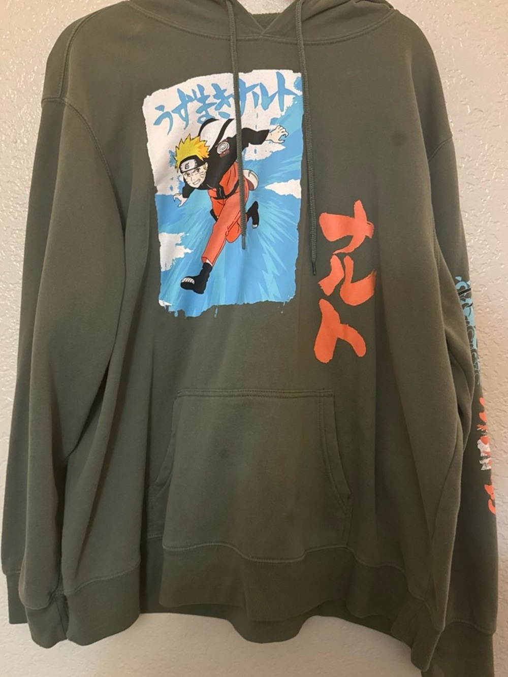 Olive Graphic Pullover Hoodie with Red & Blue Anime Print Naruto